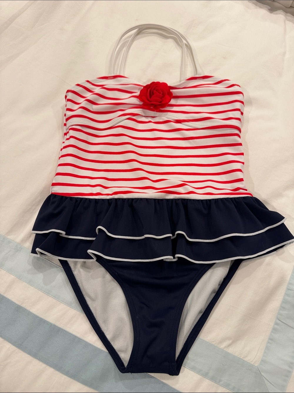 Janie and Jack Red, White & Navy Striped Ruffle One-Piece Swimsuit with Flower